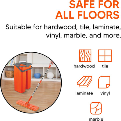 Macromax Flat Mop and Bucket Set – 100% Microfiber Mop with Dual Wet & Dry Use – Slim Design for Corners & Under Furniture – Easy-Squeeze Bucket for Hardwood, Tile & Laminate Floors