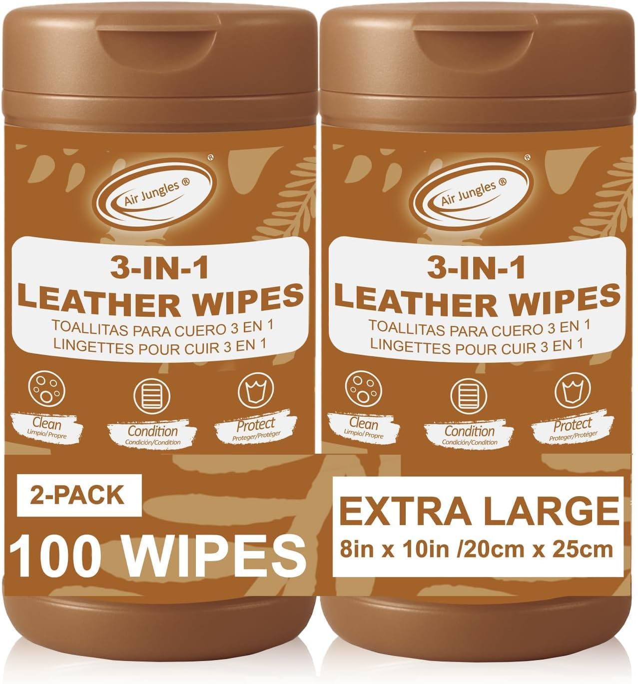 Air Jungles 3in1 Leather Wipes 50 Count, Extra Large 8" x 10" Size, Clean Condition Protect Wipes for Leather Car Seat, Furniture Couch, Shoes Boots Bags Purse Apparel