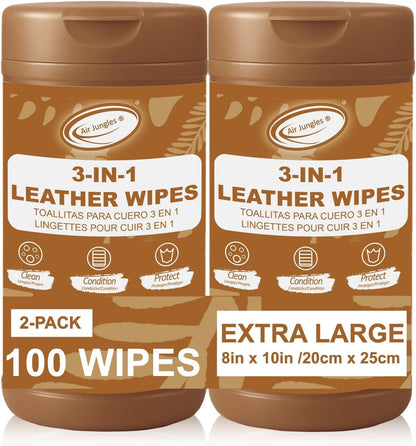 Air Jungles 3in1 Leather Wipes 50 Count, Extra Large 8" x 10" Size, Clean Condition Protect Wipes for Leather Car Seat, Furniture Couch, Shoes Boots Bags Purse Apparel