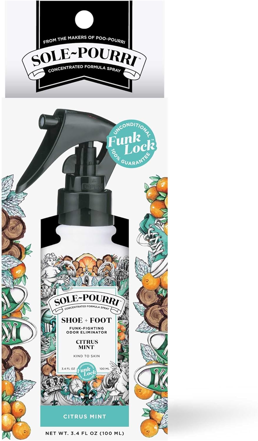Sole-Pourri Shoe Deodorizer + Foot Spray, 3.4 Fl Oz, Up to 150 Uses, Funk-Fighting Odor Freshener with Essential Oils, for Smelly Shoes, Feet & Gym Bags, Citrus & Mint Scent