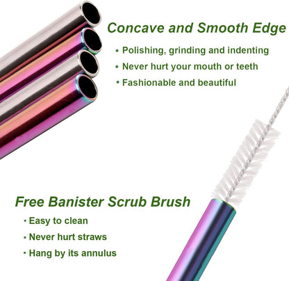 VEHHE Reusable Straws 8 Set Multi Color Stainless Steel Straws - Cleaning Brush for 20 Oz (Rainbow 8.5 inch + 10.5 inch)