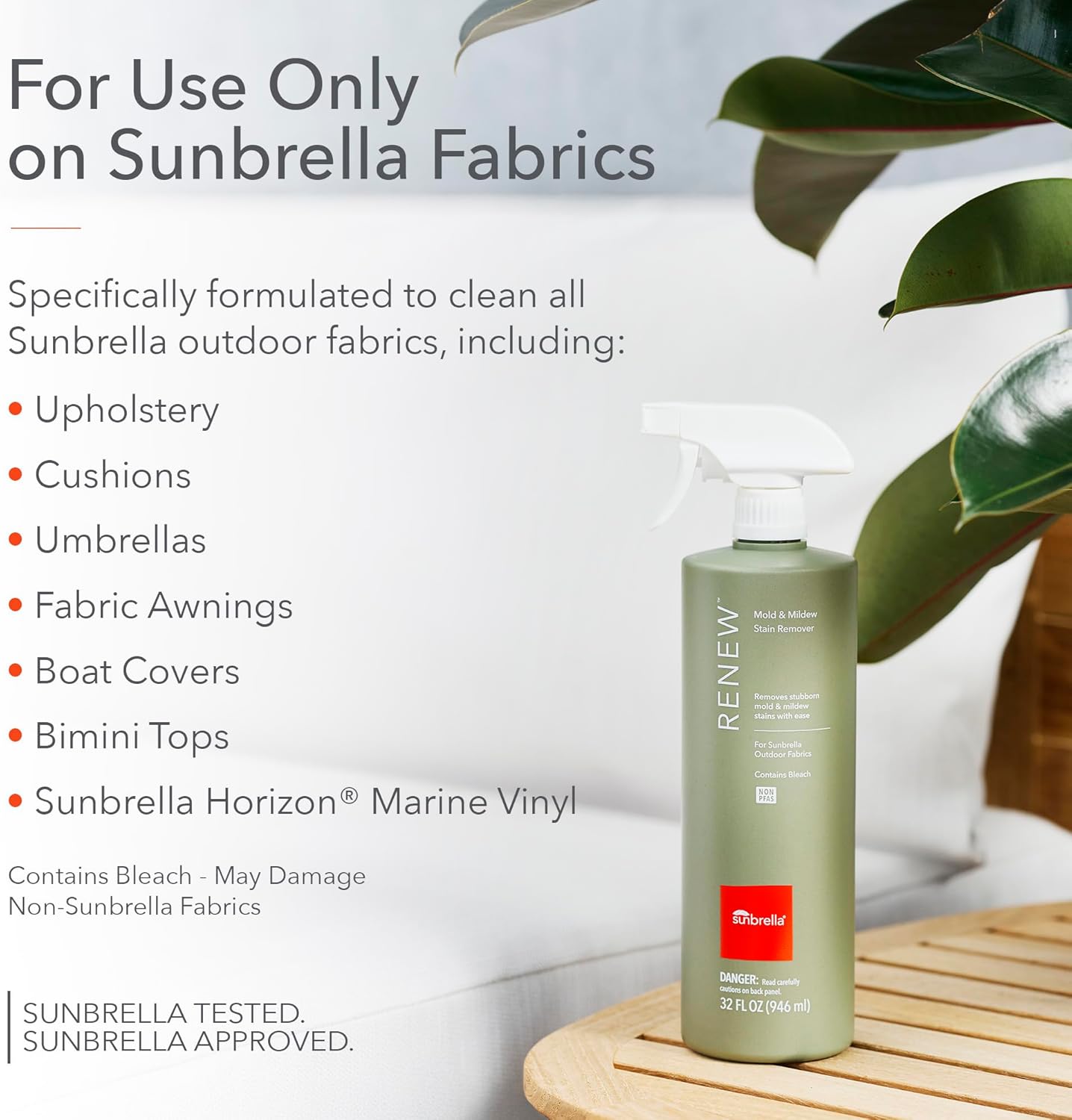 Sunbrella Renew Mold & Mildew Stain Remover | Deep Cleaning with Bleach | Outdoor Fabric Cleaner for Cushions, Pillows, Awnings, Boat Covers & More | Dual-Action Spray Nozzle | 32oz