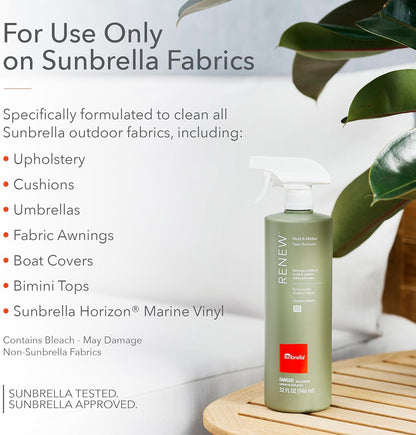 Sunbrella Renew Mold & Mildew Stain Remover | Deep Cleaning with Bleach | Outdoor Fabric Cleaner for Cushions, Pillows, Awnings, Boat Covers & More | Dual-Action Spray Nozzle | 32oz