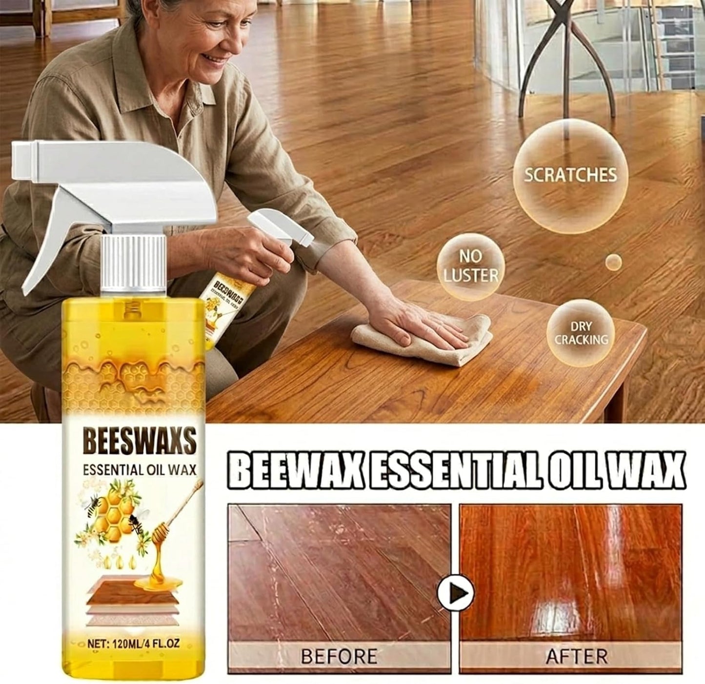4.2oz Beeswax Wood Polish Spray, Natural Beeswax Furniture Polish and Cleaner, Essential Oil Wax for Wood Floors, Tables & Cabinets (1 pcs)