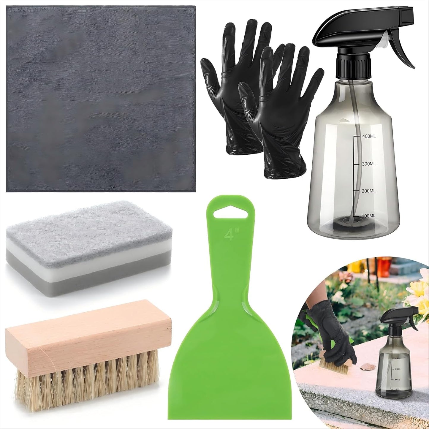 Hahafelt 7 Pcs Headstone Cleaner Kit for Grave Cleaning Gravestone Cleaner Grave Granite Includes Microfiber Cloth Spray Bottle Bristle Brush Headstone Sponge Disposable Gloves Plastic Scraper