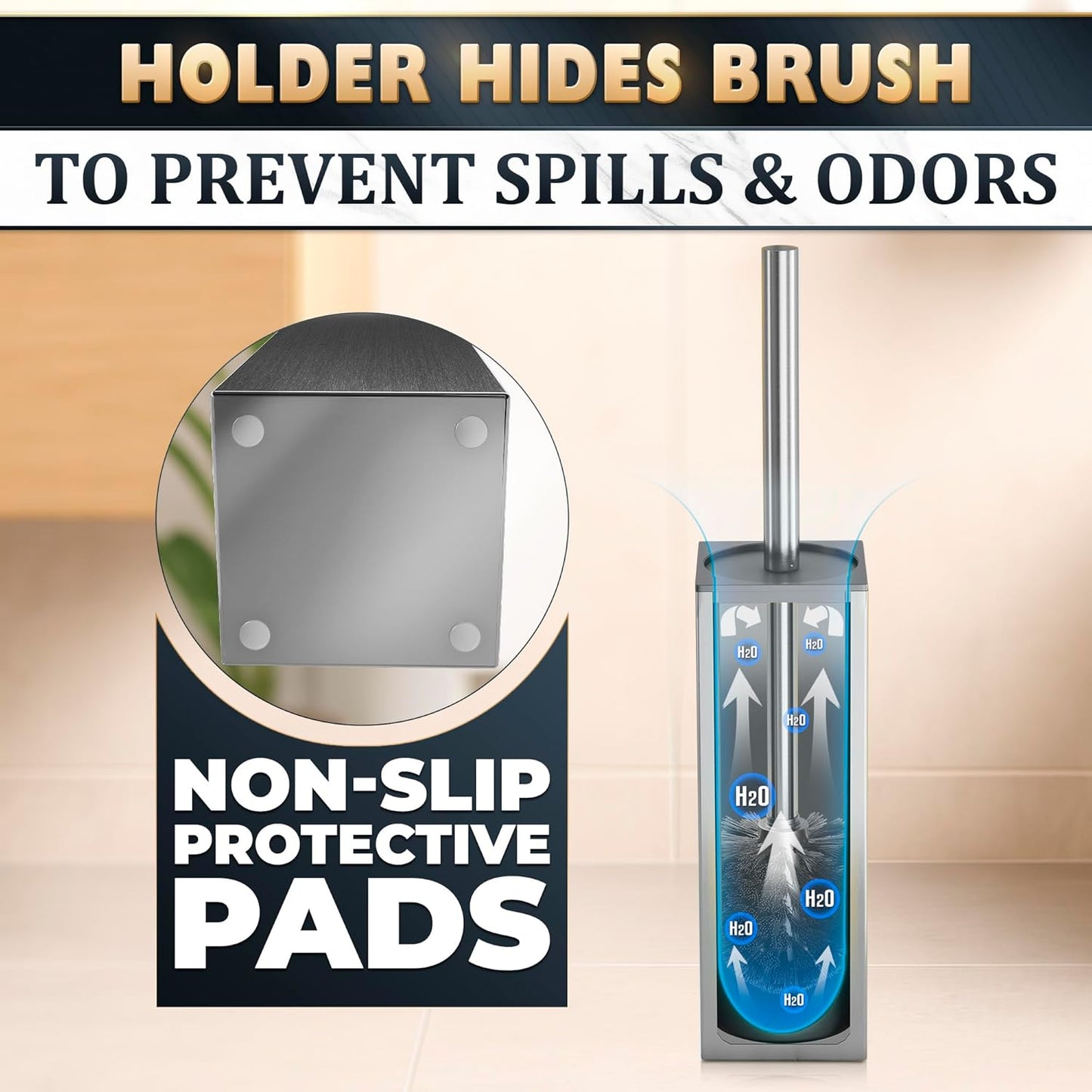 Stylish Stainless Steel Toilet Brush and Holder Set - Silver Toilet Bowl Brush and Holder with Splash Cover, Sturdy Bristles, Corrosion & Scratch Resistant - Elegant Design, Effective Deep Cleaning
