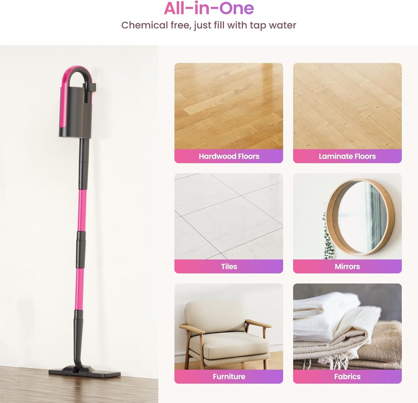 Schenley Steam Mop Cleaner Powerful - 15s Fast Heat-Up, Chemical-Free for Hardwood/Tile/Laminate & Floors/Walls, Washable Pads, 3 Modes for Carpet, Lightweight, Self-Standing, Sleek Design