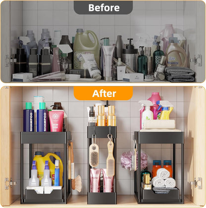 Simple Trending Under Sink Organizer 2 Pack, Sink Pull-Out Sliding Storage Cabinet, 2-Tier Under Shelf Organizer for Kitchen Bathroom, Black