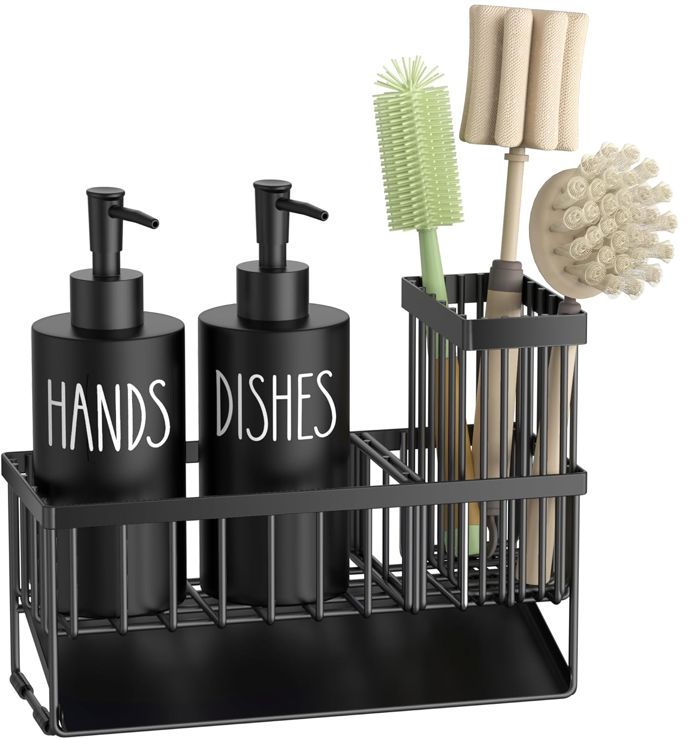 MASADI Kitchen Sink Caddy with Dish Soap Dispenser Set, 12OZ Glass Bottle, Hand and Dish Soap Dispenser Set, Non-Slip Silicone Pad, Brush Holder, Kitchen Sink Organizer Countertop (Black+Clear)
