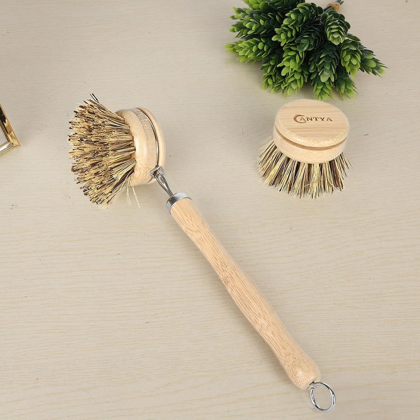 Bamboo Dish Brush with Handle - Soft Bristle, Non Toxic Dish Scrubber Compostable & Sustainable Bamboo Scrub Brush for Dishes, Pots and Pans
