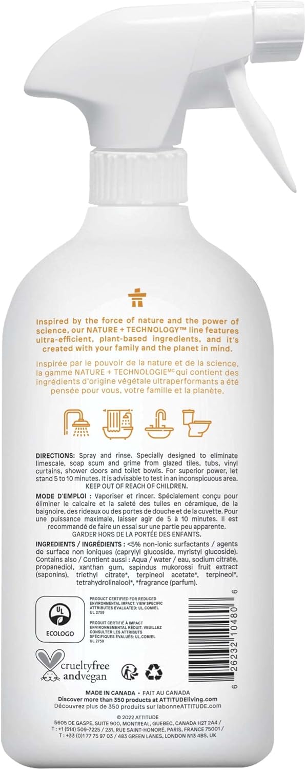 ATTITUDE Bathroom Cleaner Spray, Natural Origin Ingredients, EWG Verified, Eliminates Soap Scum, Limescale, Streak Free, Lemon & Rosewood, 26 Fl Oz