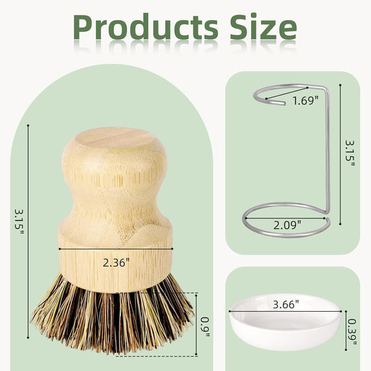 DEBETOOL Bamboo Dish Brush Set with Holder - Natural Dish Scrub Brush for Cleaning Dishes, Fast Dry Design Kitchen Dish Brush for Sinks & Pots