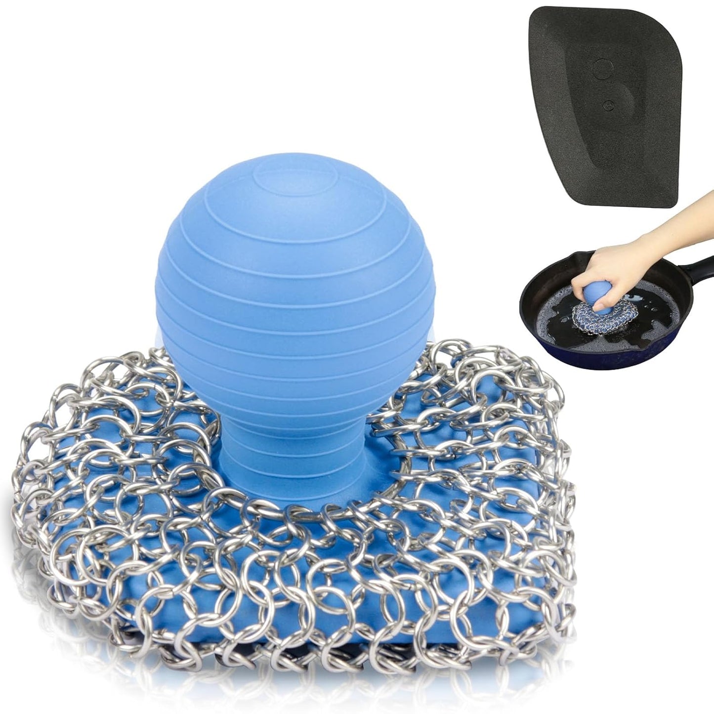 Cast Iron Scrubber with Pan Scraper, 316 Chainmail Scrubber, Upgraded Chain Mail Scrubber Sponge, Cast Iron Cleaner for Pan Skillet Wok Carbon Steel, Dutch Oven Metal Brush Cleaning Kit, Black