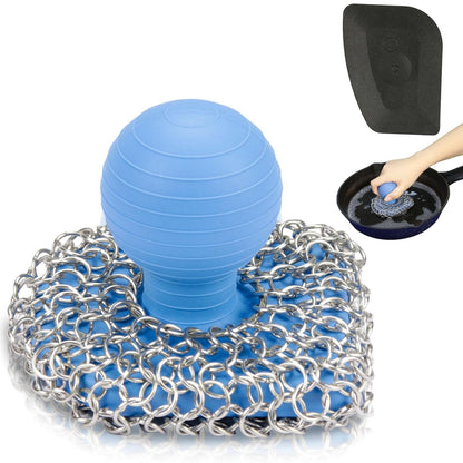 Cast Iron Scrubber with Pan Scraper, 316 Chainmail Scrubber, Upgraded Chain Mail Scrubber Sponge, Cast Iron Cleaner for Pan Skillet Wok Carbon Steel, Dutch Oven Metal Brush Cleaning Kit, Black