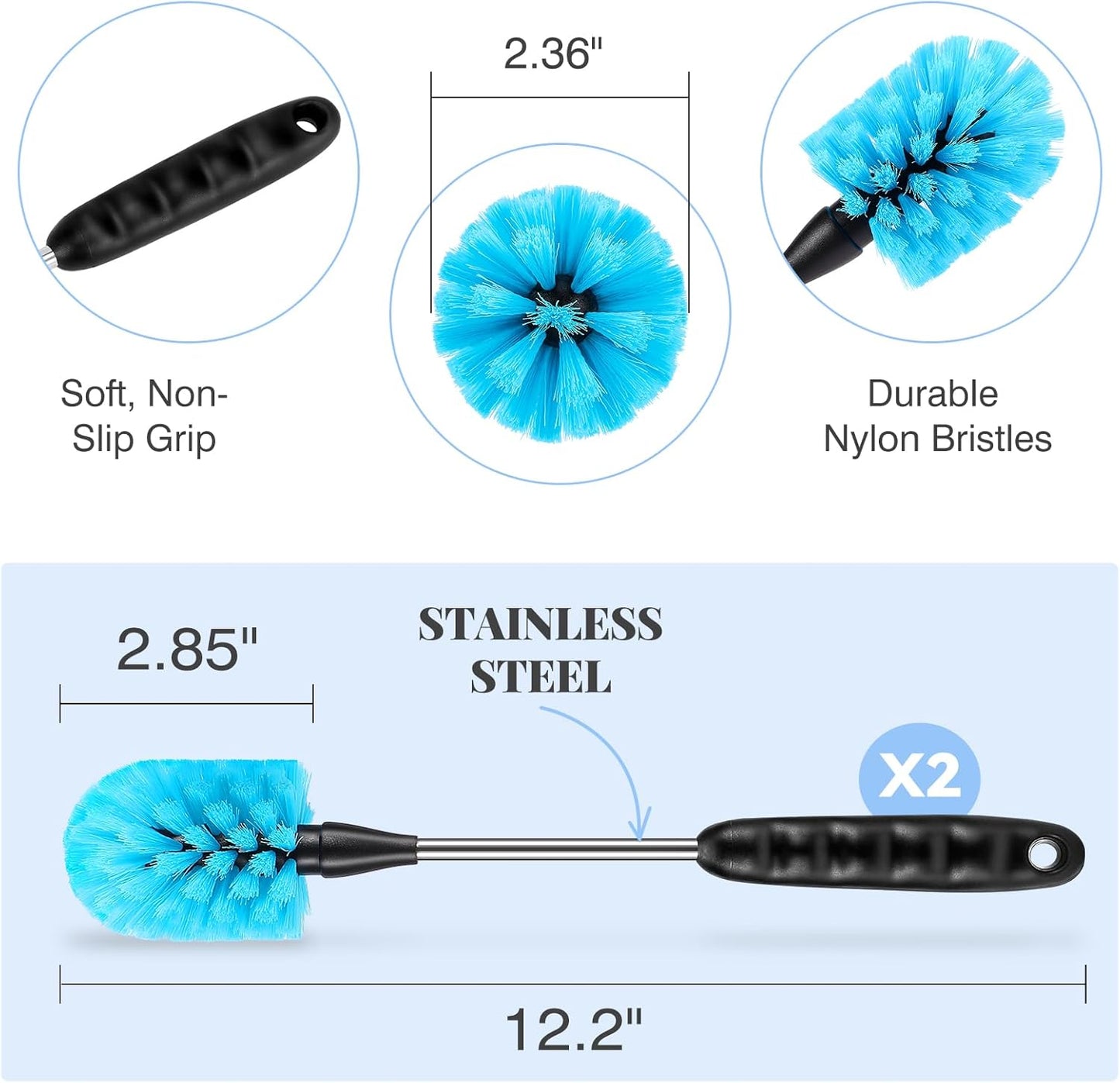 UNIFUN Water Bottle Brush Set, Long Handle 3-in-1 Stainless Steel Water Bottle Scrubbing Brush, Cleaning for Narrow Neck Bottles, Sport Bottles, Baby Bottles, Coffee Mugs, Tumblers, Flask(Short Size)