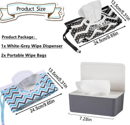 Wipe Dispenser White,Reusable Flushable Wipe Holder Set with 2Pcs Refillable Portable Wipe Bag for Baby Adult Bathroom,Wipe Container with Lids Keeps Wipes Fresh,Baby Shower New Mom Gifts