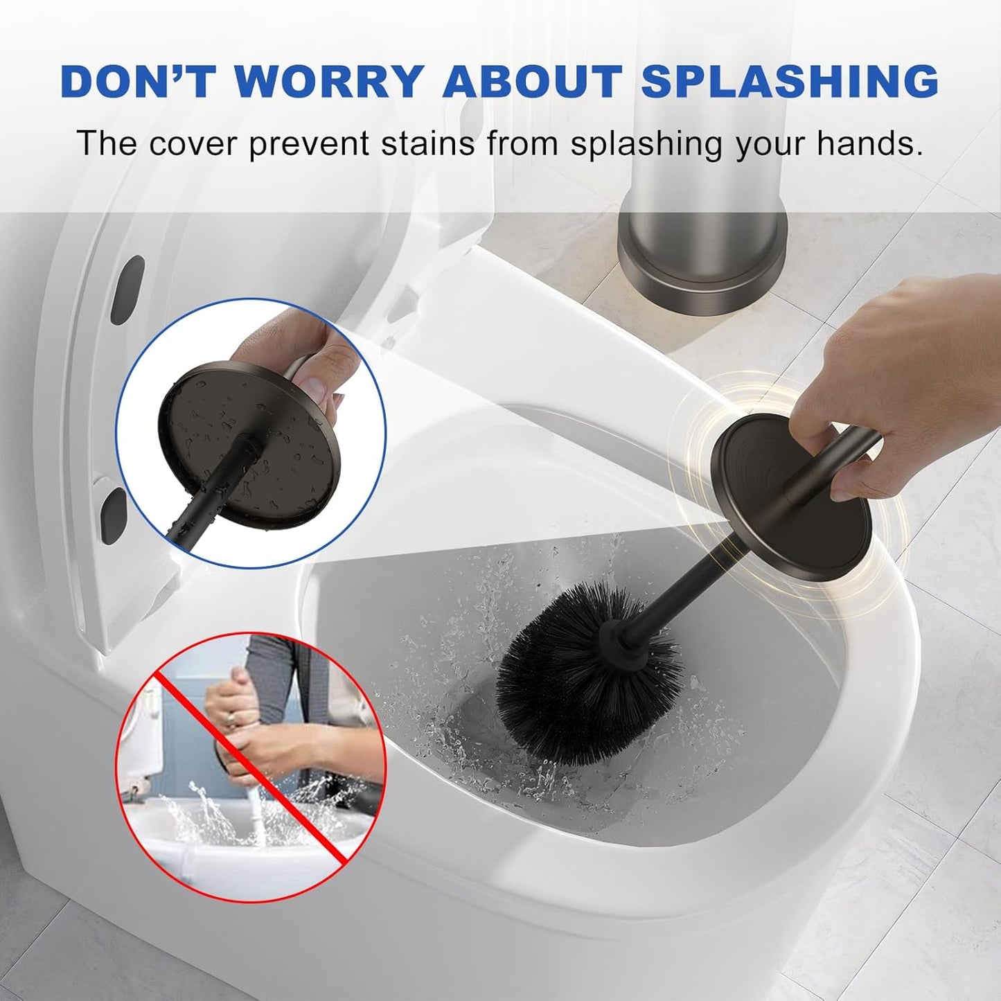 Toilet Brush and Holder Set: 304 Stainless Steel Heavy Duty Toilet Bowl Brush and Holder with Removable Inner Bowl and Splash Protection, Modern Long Handle Bathroom Cleaning Tool
