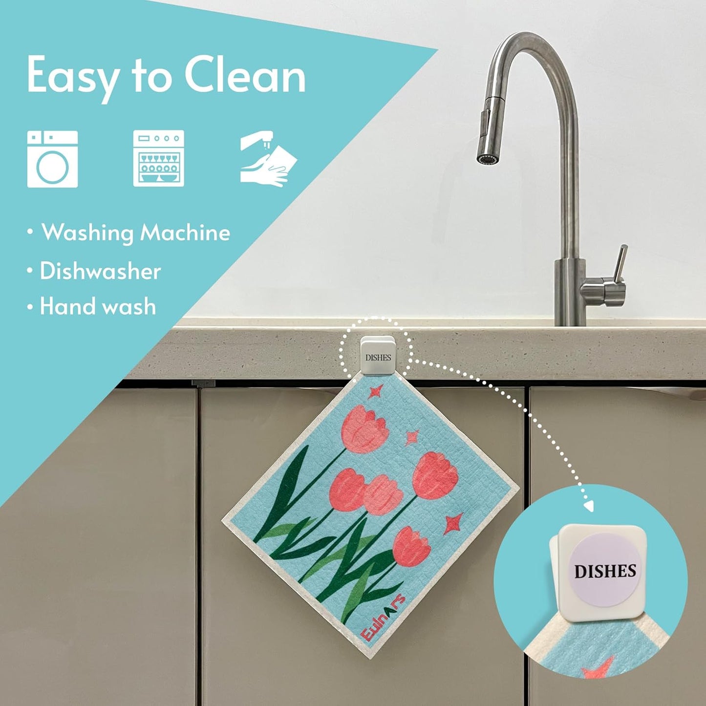 Eulnars Swedish Dishcloths for Kitchen, 8 Pack Reusable Paper Towels with Clips, Non-Scratch Swedish Kitchen Towels, Super Absorbent Cellulose Sponge Cloths, Dishwasher Safe, No Odor