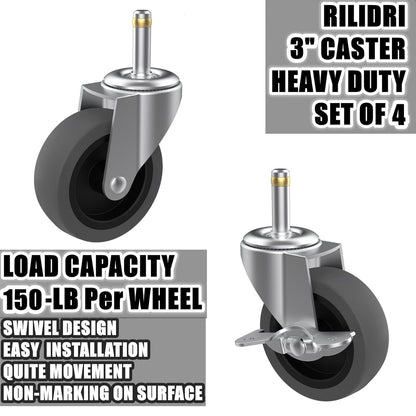 RILIDRI 3-Inch Swivel Stem Caster for Rubbermaid Mop Bucket Utility Cart, 7/16-Inch Stem Diameter Rubber Wheel Set of 4, Heavy Duty TPR Weber Grills Shop Vac Replacement Wheels