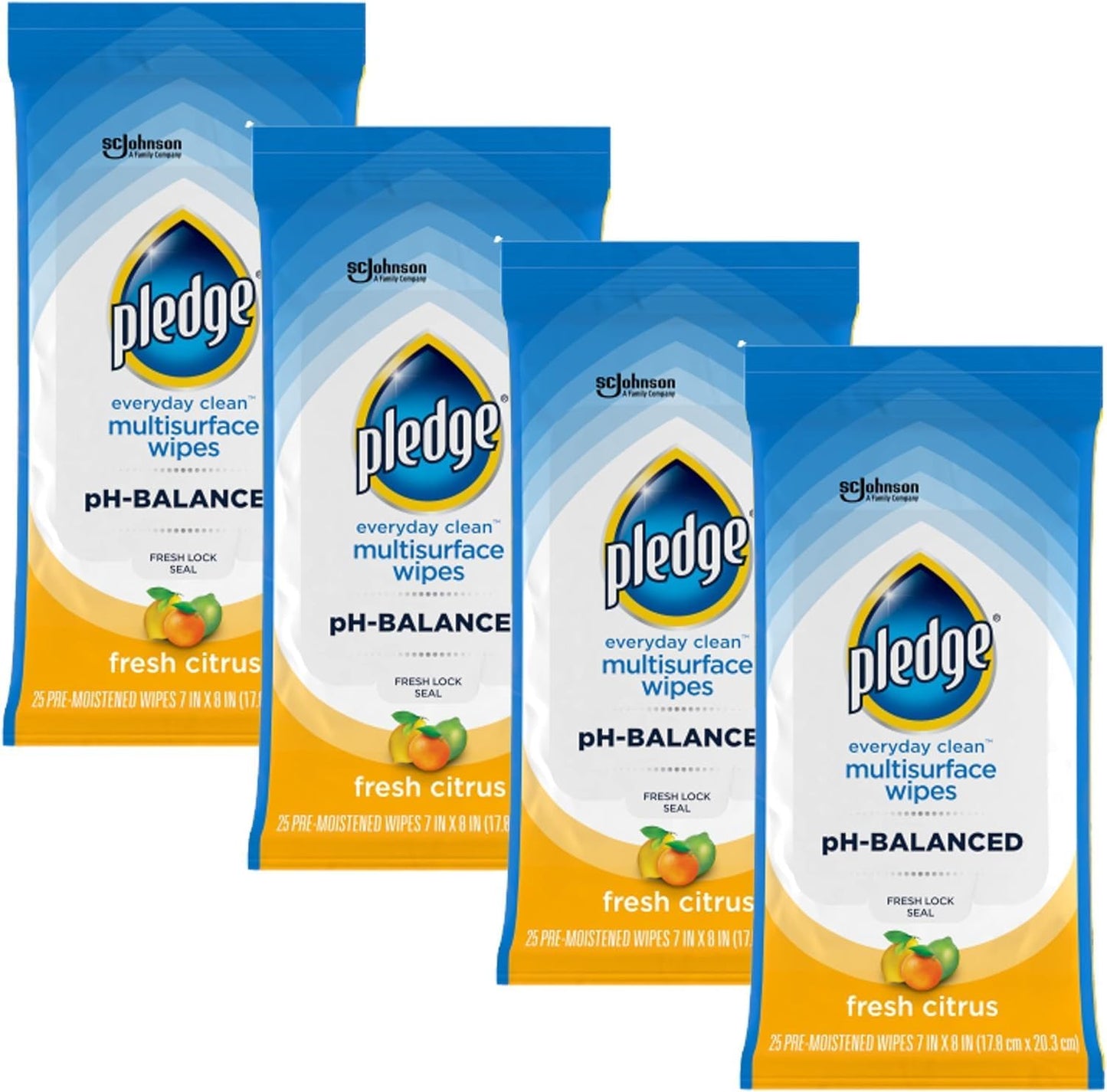 Pledge Multi-Surface Furniture Polish Wipes, Works on Wood, Granite, and Leather, Cleans and Protects, Fresh Citrus - Pack of 6 (150 Total Wipes)
