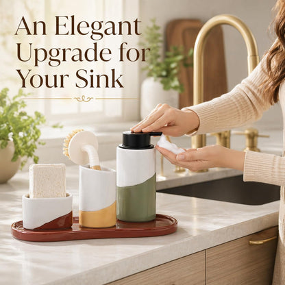 BosilunLife Kitchen Sink Caddy Set – 4-Piece Ceramic Soap Dispenser 12oz with Sponge & Utensil Holders on Drip Tray for Kitchen & Bathroom Countertop Organization (Liquid Pump)