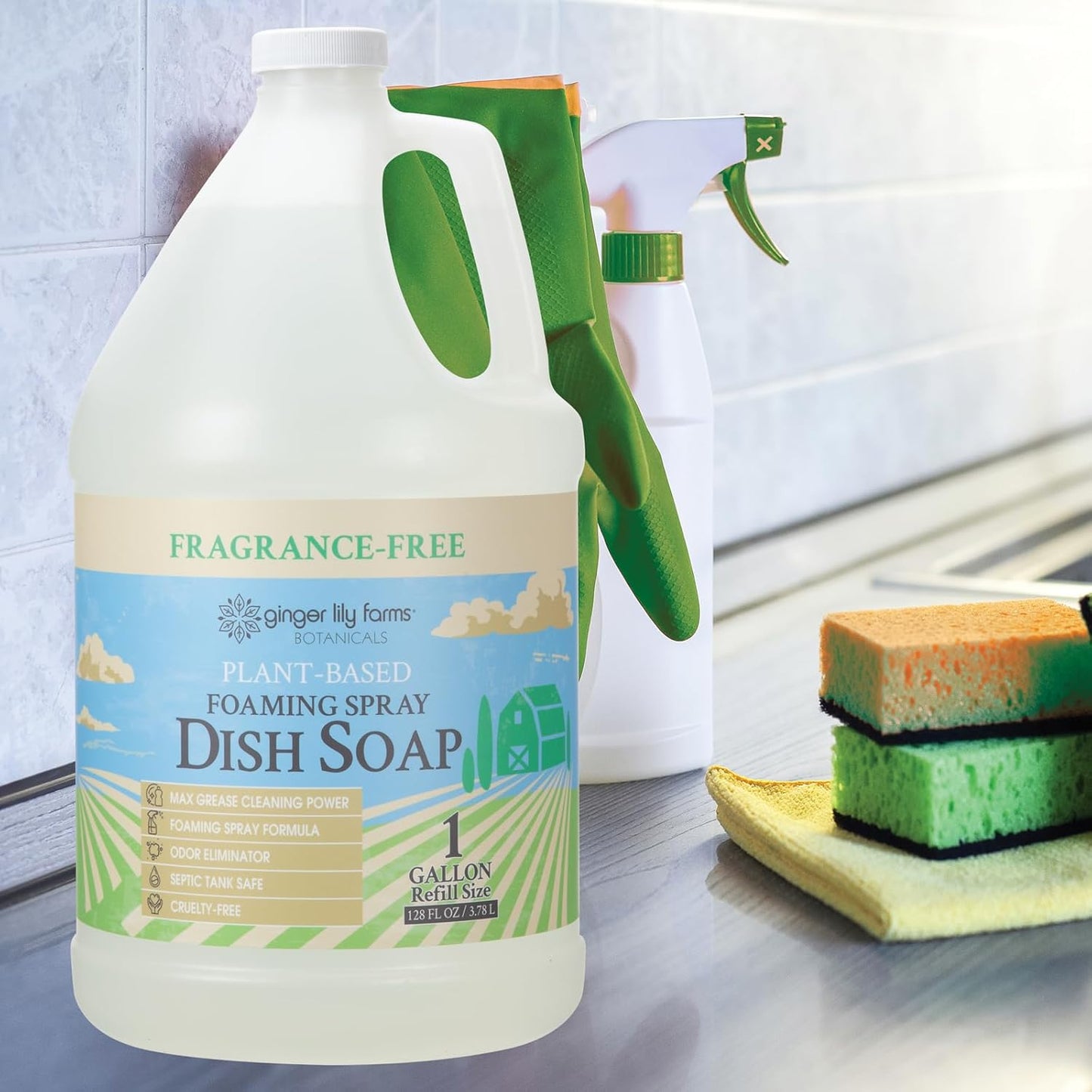 Ginger Lily Farms Botanicals Plant-Based Foaming Spray Dish Soap, Concentrated Formula with Max Grease Cleaning Power, Cruelty-Free, Lavender Chamomile Scent, 1 Gallon Refill (128 Fl Oz)