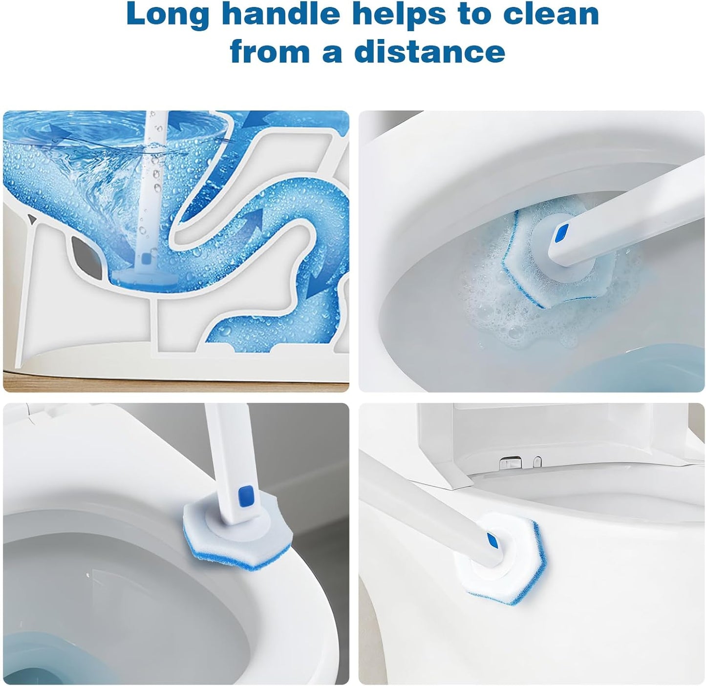 Disposable Toilet Brush Set with Holder, White and Blue, Includes 16 Cleaning Refills (1+16 Refills)