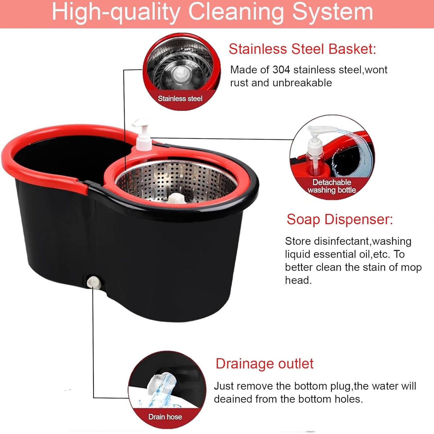 Spin Mop and Bucket with Wringer Set, 360° Spinning Mop Bucket System with 3 Microfiber Mop Replacement Heads Refills, 61" Stainless Steel Extended Handle for Floor Cleaning Home Office(20QT)