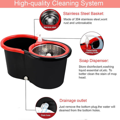 Spin Mop and Bucket with Wringer Set, 360° Spinning Mop Bucket System with 3 Microfiber Mop Replacement Heads Refills, 61" Stainless Steel Extended Handle for Floor Cleaning Home Office(20QT)