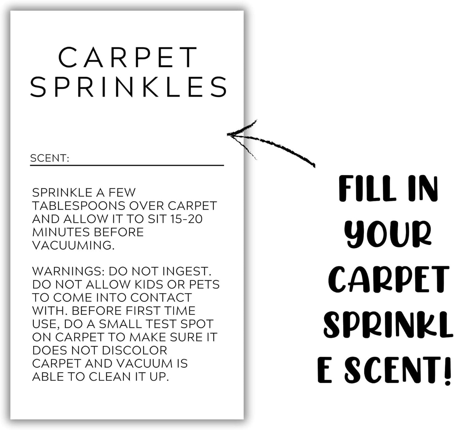Carpet Sprinkle Freshener Instruction Stickers | 250 pc per Roll 2x3.5” Minimalist Warning Labels for Jar Package How to Use Cleaning Scent Write in