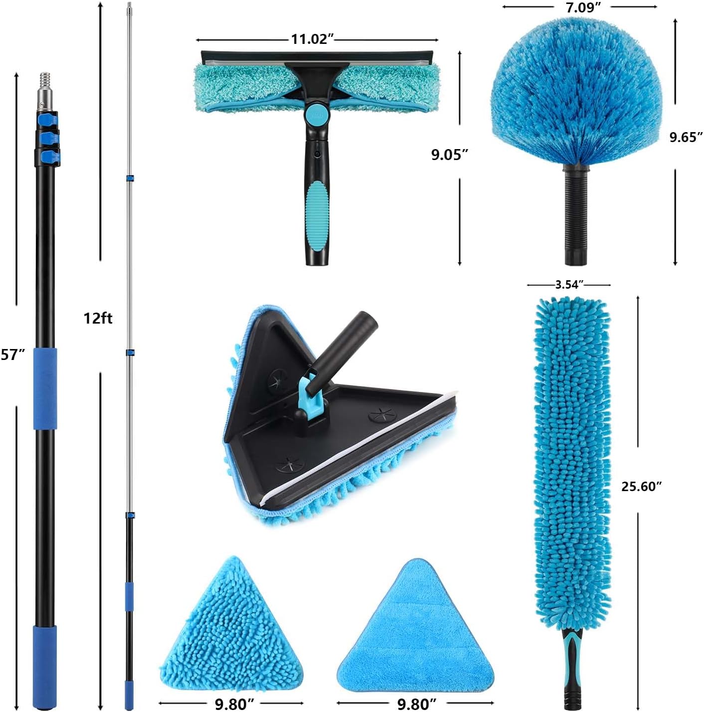 20 Foot Painted Wall Cleaner Mop with 12 Ft Heavy Duty Extension Pole, 3-in-1 High Ceiling Cleaning Tool with 4 Microfiber Chenille Pad, Cobweb Duster, Fan, Baseboard, Window Squeegee Kit (12ft)