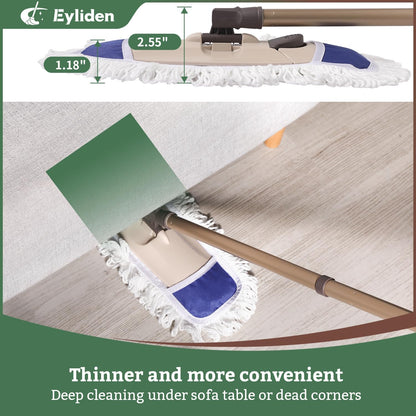 Eyliden Dust Mop with Reusable Washable Pads - One-Touch Pad Release, Height Adjustable Handle, Total 2 Mop Cloths, Wet Dry Mops for Floor Cleaning, Hardwood, Laminate, Tile Floor Push Dust Broom