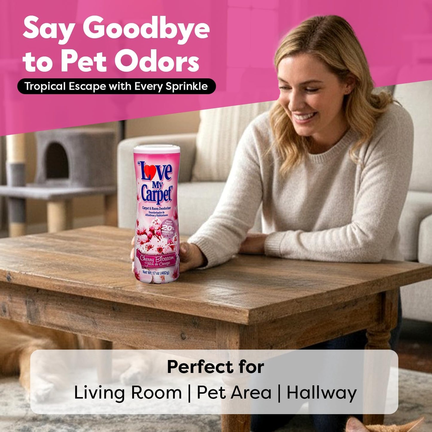 6 Love My Carpet | Carpet Deodorizer & Freshener Powder | 17 oz Pet Odor Eliminator for Strong Odor & Pet Urine | FRESH LINEN | Safe for Homes with Pets
