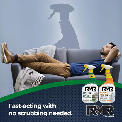 RMR Instant Mold & Mildew Stain Remover Spray + Xtreme Soap Scum Remover, No-Scrub Indoor/Outdoor Cleaning System for Bathroom, Shower, Siding, & Deck, 2–32 Oz Bottles