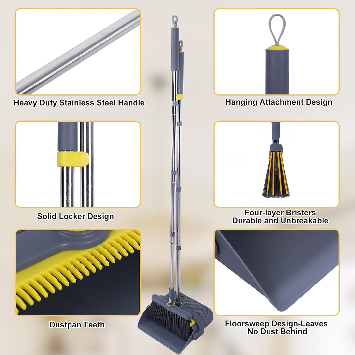 Heavy Duty Broom and Standing Dustpan Combo Set, Rotatable Head Dust Pan and Brush Set with Collapsible Handle, Cleaning Teeth, Hanging Loop, Ideal for Pets, RV, Kitchen, Camping, Outdoor Floor, White