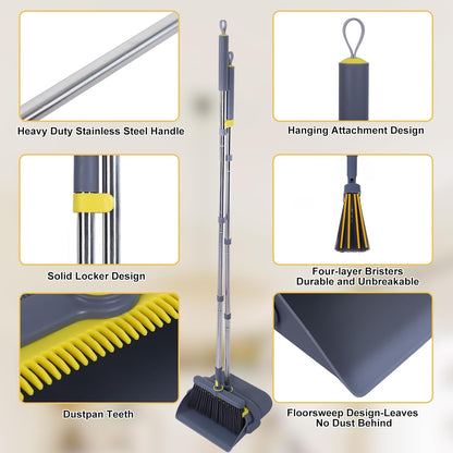 Heavy Duty Broom and Standing Dustpan Combo Set, Rotatable Head Dust Pan and Brush Set with Collapsible Handle, Cleaning Teeth, Hanging Loop, Ideal for Pets, RV, Kitchen, Camping, Outdoor Floor, White