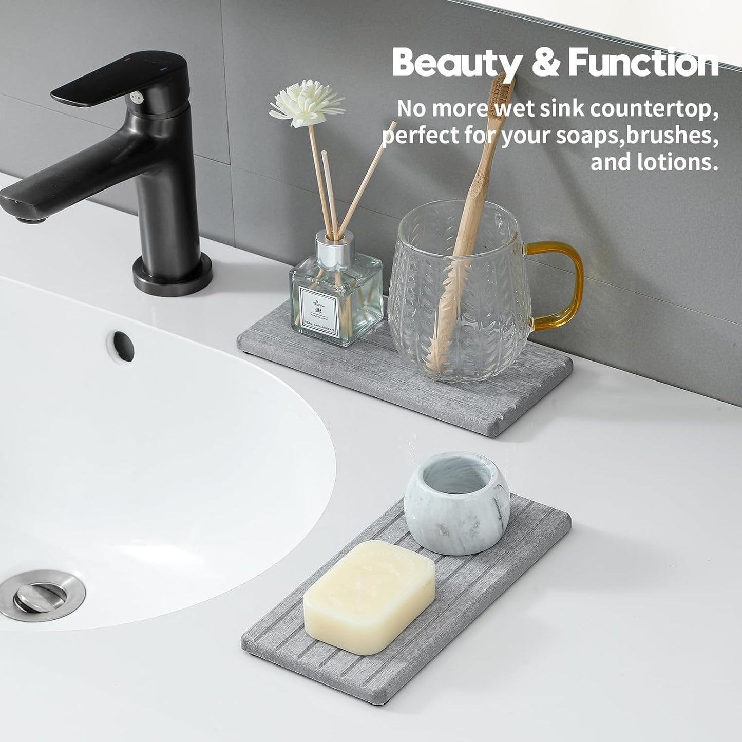 2PCS Water Absorbing Stone Drying Tray Mat for Bathroom Sink & Kitchen Counter Faucet Organizer, Quick Dry Dish Rack Soap Dispenser Sponge Holder, Vanity Sink Caddy Bar Coaster, Ivory White 8“x 4”