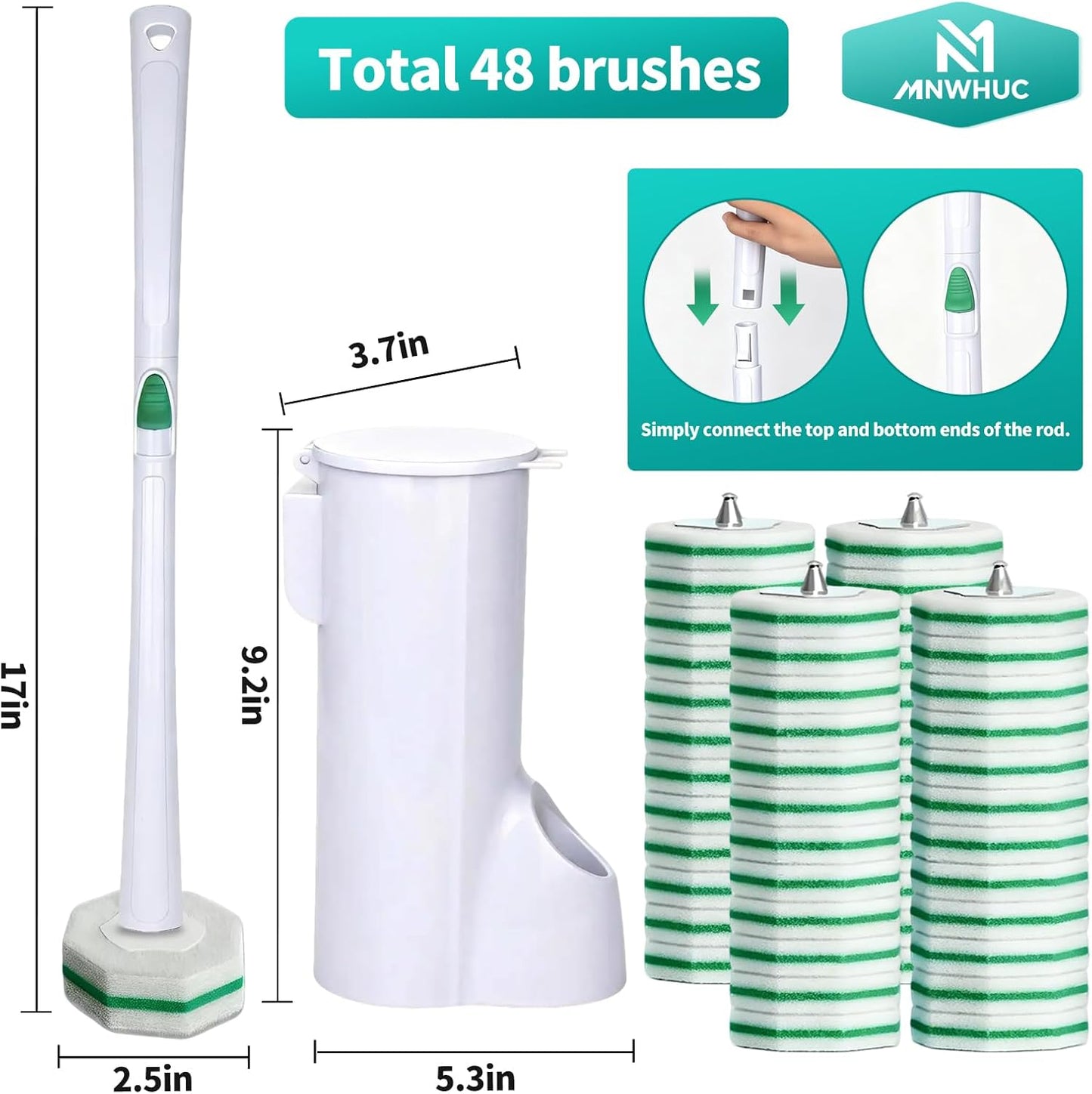 Disposable Toilet Brush, Toilet Bowl Cleaning System with 48 Count Wand Refill, Clean Brush Starter Kit with 1 Toilet Wand, 1 Storage Caddy and 1 wall Sticker (White)