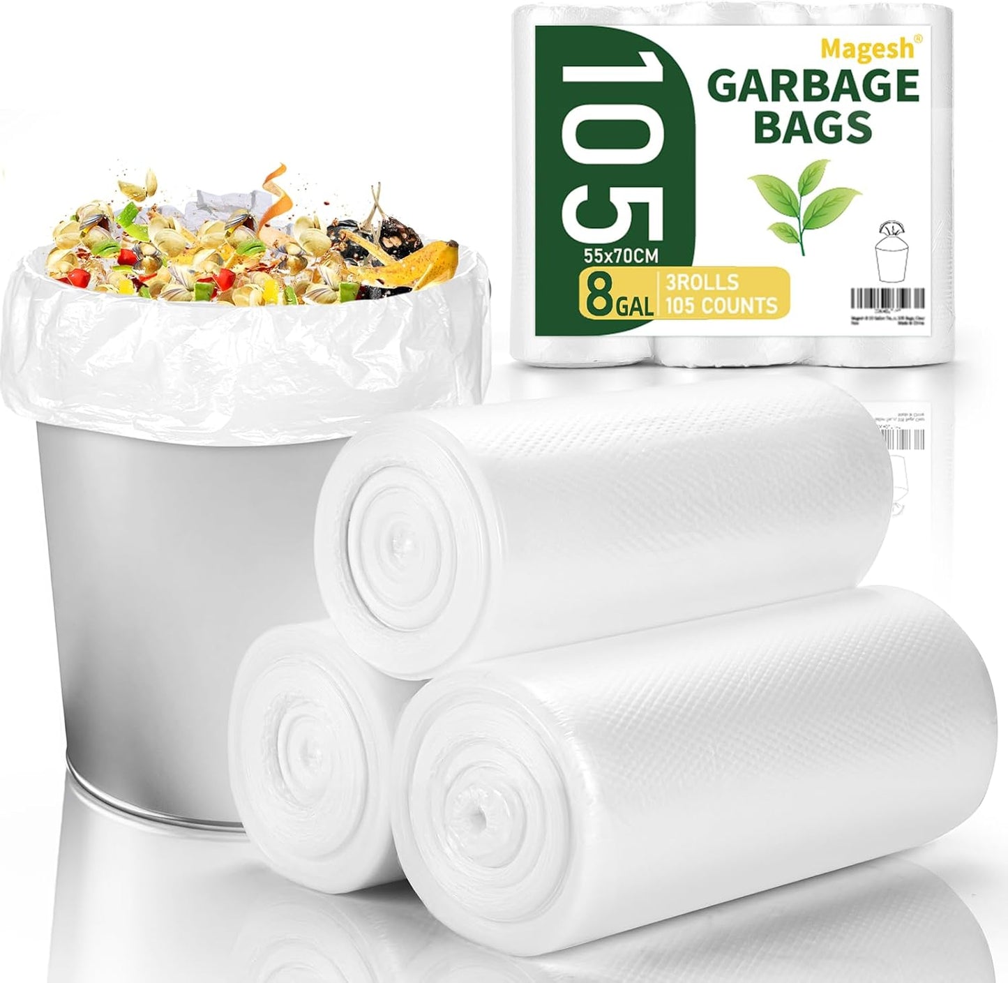Magesh 4 Gallon Trash Bag Strong, Leakage-Free, Small Garbage Bags Unscented Thick for Bathroom, Office, Kitchen Small Trash Can, 15L, 105 Bags, Clear