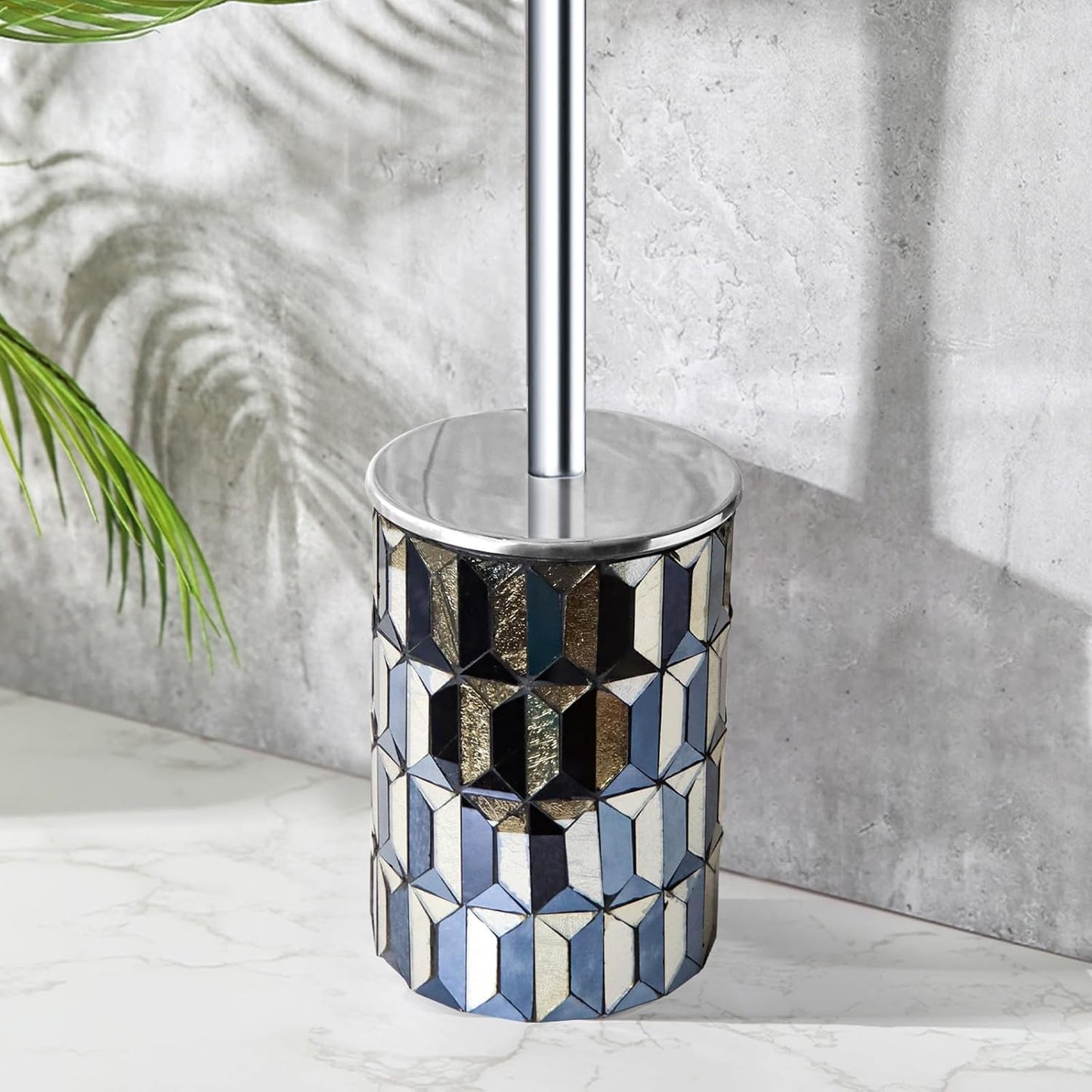 Escenzy Turquoise Green Toilet Brush and Holder Set Mosaic Glass | Non-Rustic Stainless Steel | Practical & Decorative Toilet Bowl Brush and Holder | Luxury Green Bathroom Accessories