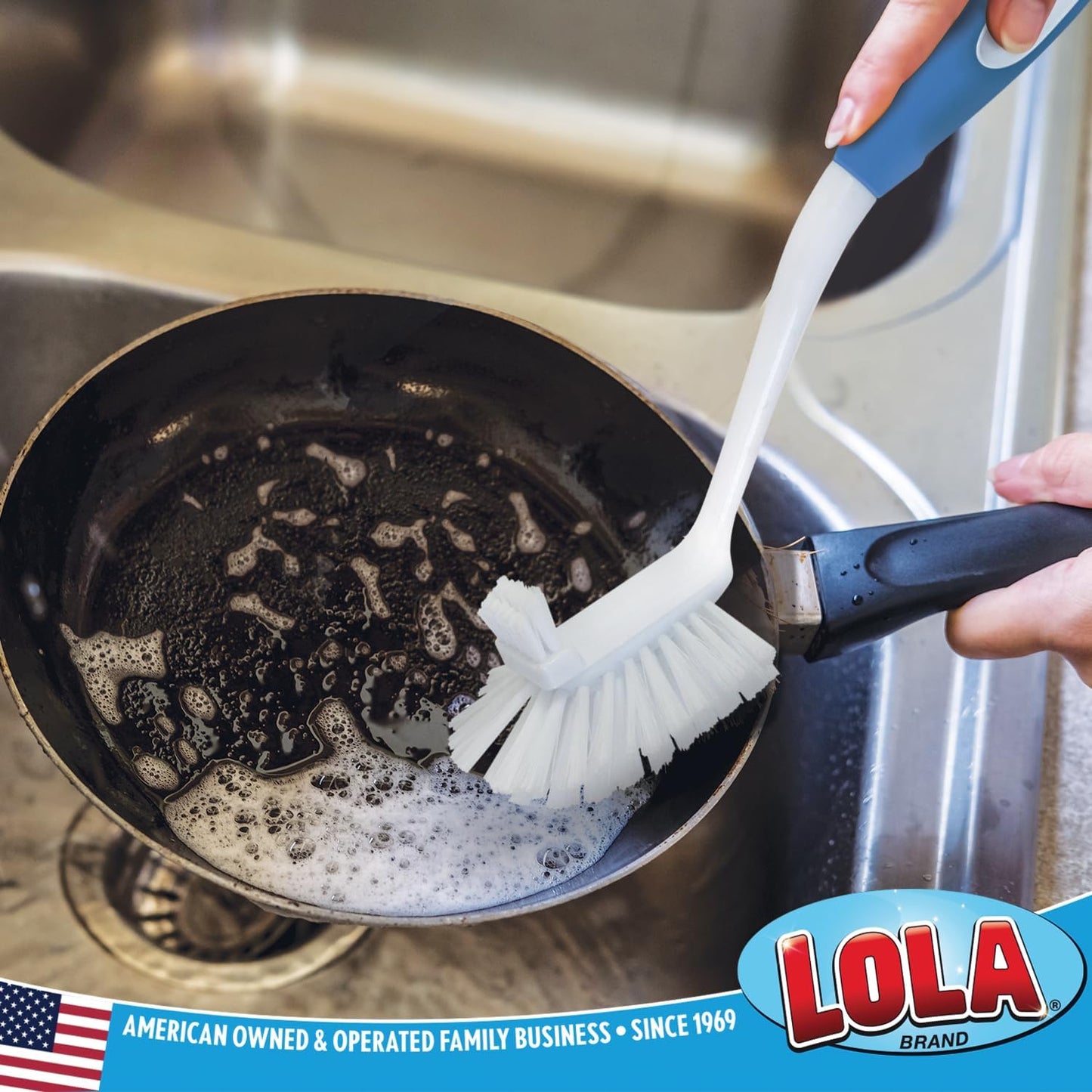 Dish Brush Scrubber for Kitchen, 2 Pack, by LOLA, Has Stiff Bristles & Food Scraper, Comfort No-Slip Grip Handle, Safe for Non-Stick & Coated Cookware