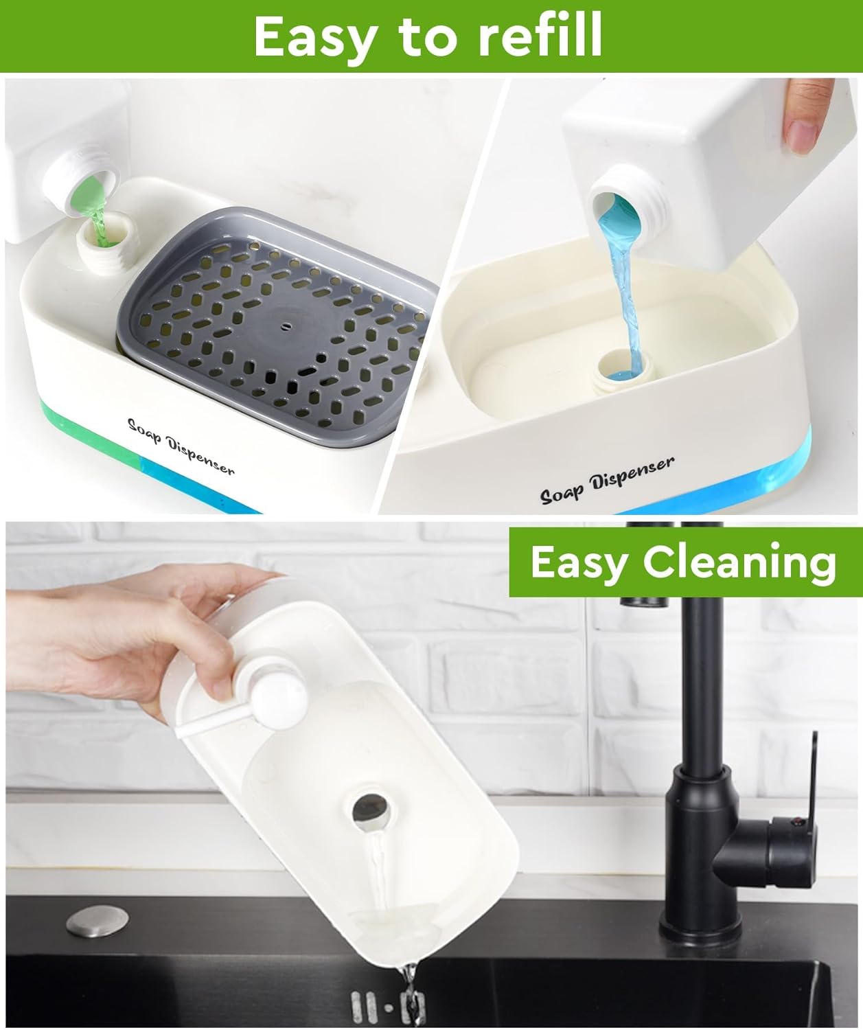 Kitchen Dish Soap Dispenser with Sponge Holder, 2-in-1 Countertop Soap Pump Dispenser, Soap Dispenser for Kitchen Sink with 2-Packs Wire Dishwashing Rag,Black
