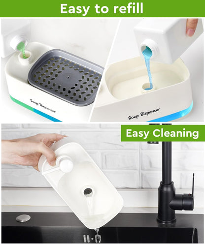 Kitchen Dish Soap Dispenser with Sponge Holder, 2-in-1 Countertop Soap Pump Dispenser, Soap Dispenser for Kitchen Sink with 2-Packs Wire Dishwashing Rag,Black