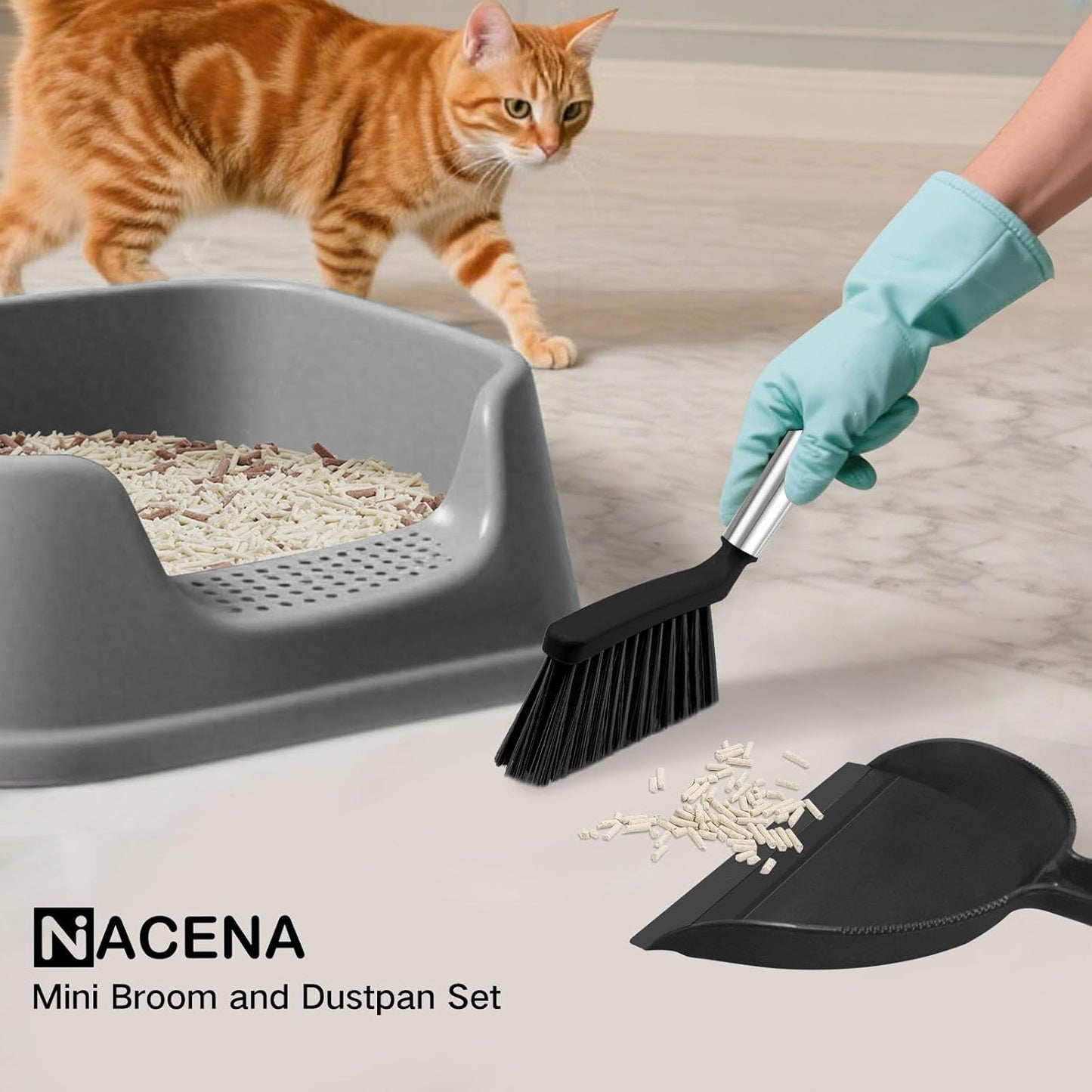 NACENA Mini Broom and Dustpan Set, Small Dust Pan and Brush Set with Handle Dustpan Teeth for Cleaning Hair Suitable for Office Desks Drawers Sofas Outdoor Camping, Light & Purple