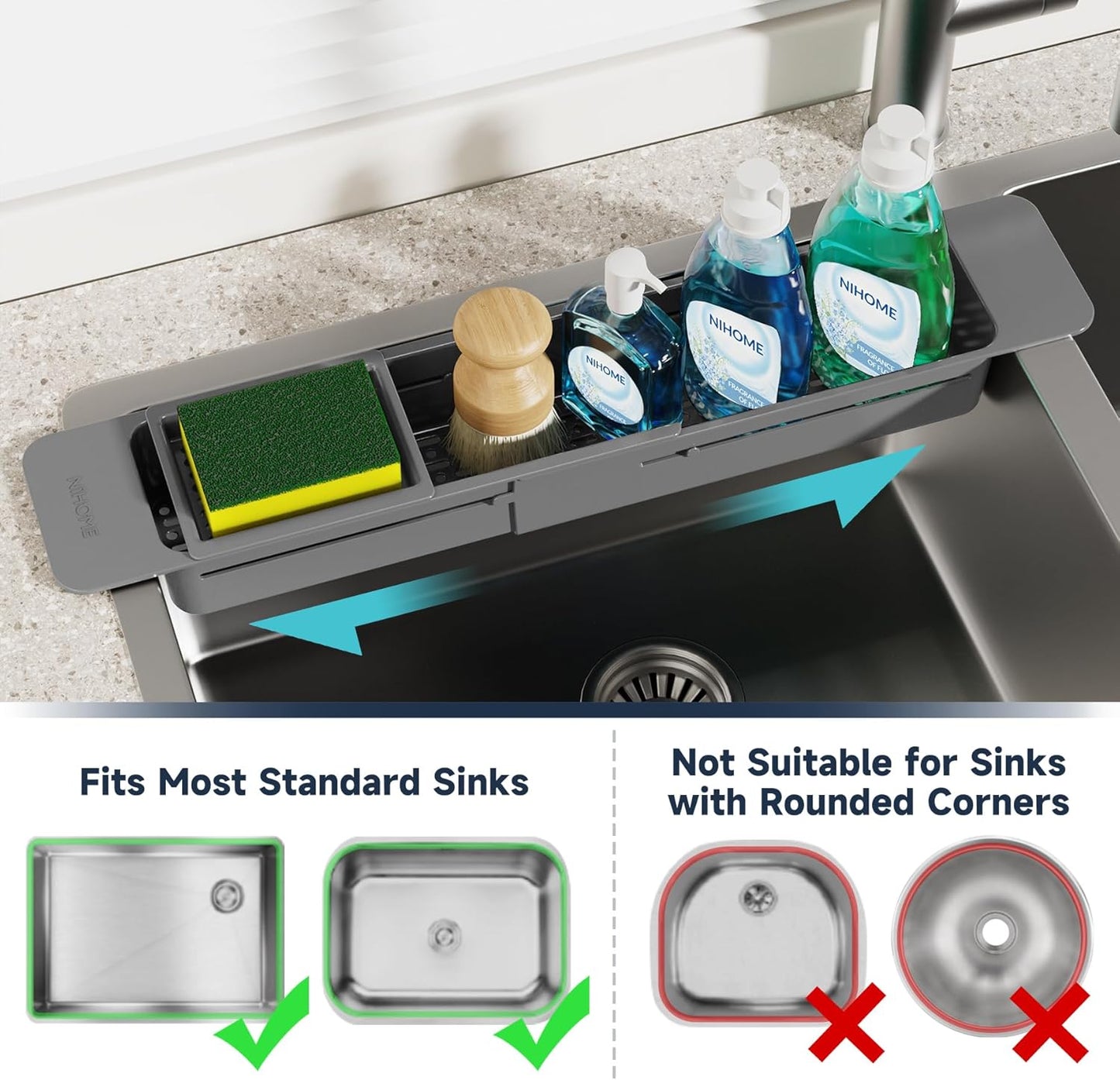 NiHome Extendable Over Sink Kitchen Organizer, Small Telescopic Brush Storage Rack for Sponge, Non-Slip Pads Expandable Sink Caddy, Adjustable Sponge/Brush Rack with Drainage Durable ABS (Black)