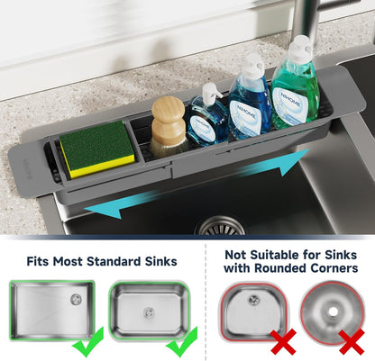 NiHome Extendable Over Sink Kitchen Organizer, Small Telescopic Brush Storage Rack for Sponge, Non-Slip Pads Expandable Sink Caddy, Adjustable Sponge/Brush Rack with Drainage Durable ABS (Black)