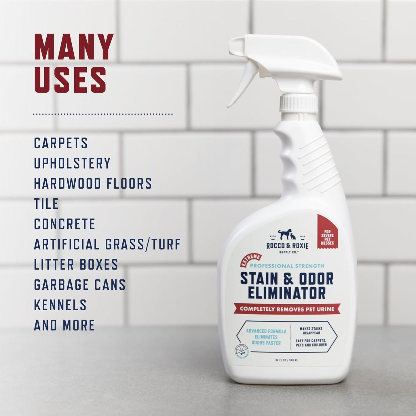 Rocco & Roxie Supply Co. Stain & Strong Odor Eliminator, Enzyme Cleaner, Pet Odor Eliminator for Home - Carpet Stain Remover for Cats & Dog Pee - Urine Destroyer - Carpet Cleaner Spray Clear, 32 Fl Oz