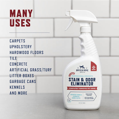 Rocco & Roxie Supply Co. Stain & Strong Odor Eliminator, Enzyme Cleaner, Pet Odor Eliminator for Home - Carpet Stain Remover for Cats & Dog Pee - Urine Destroyer - Carpet Cleaner Spray Clear, 32 Fl Oz