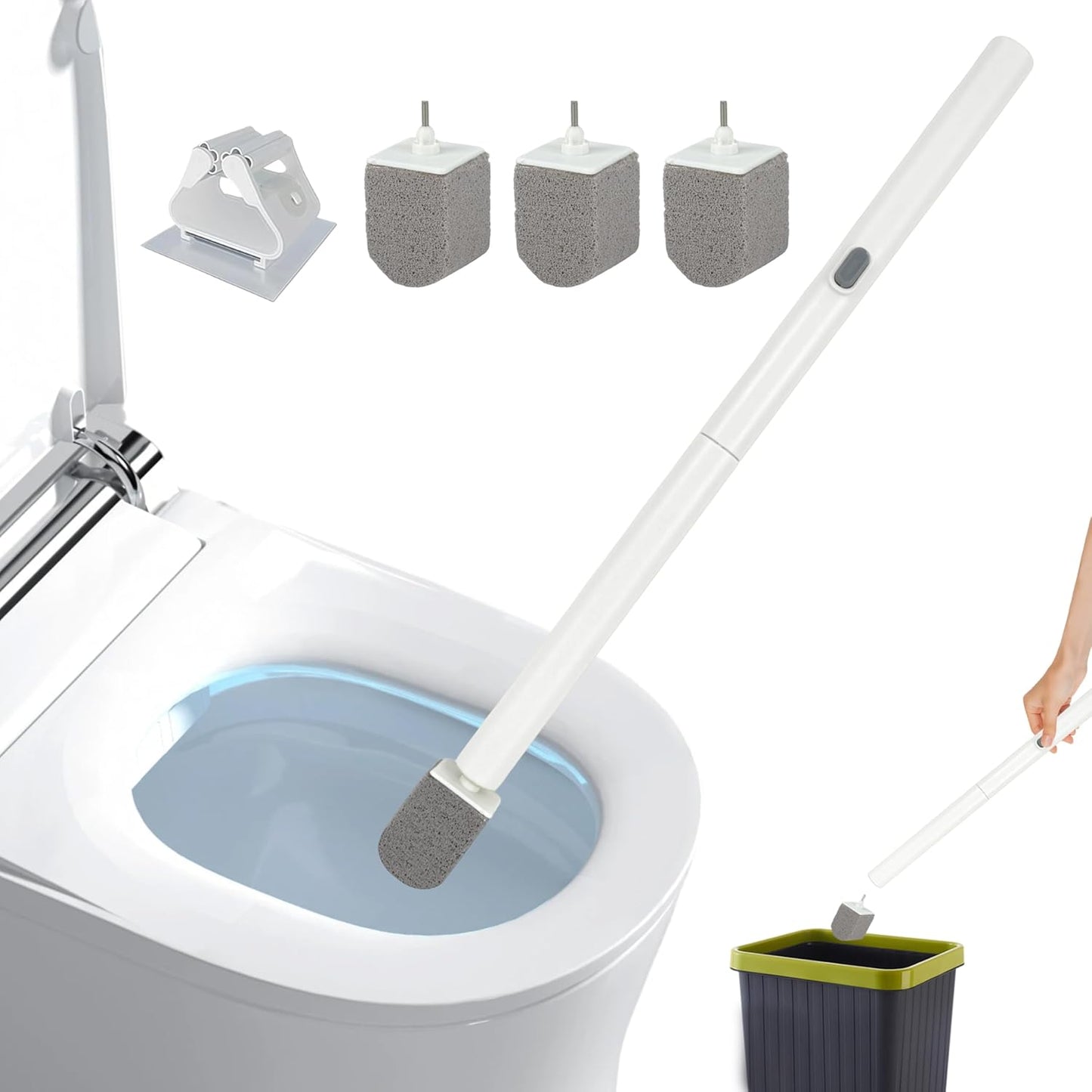 Pumice Stone Toilet Bowl Cleaner with 20" Ultra Long Handle, Push-Button Replaceable Head Hard Water Ring Stain Remover for Bathroom, Bathtub, Pool, Kitchen Sink Cleaning, 3 Pack (gray)