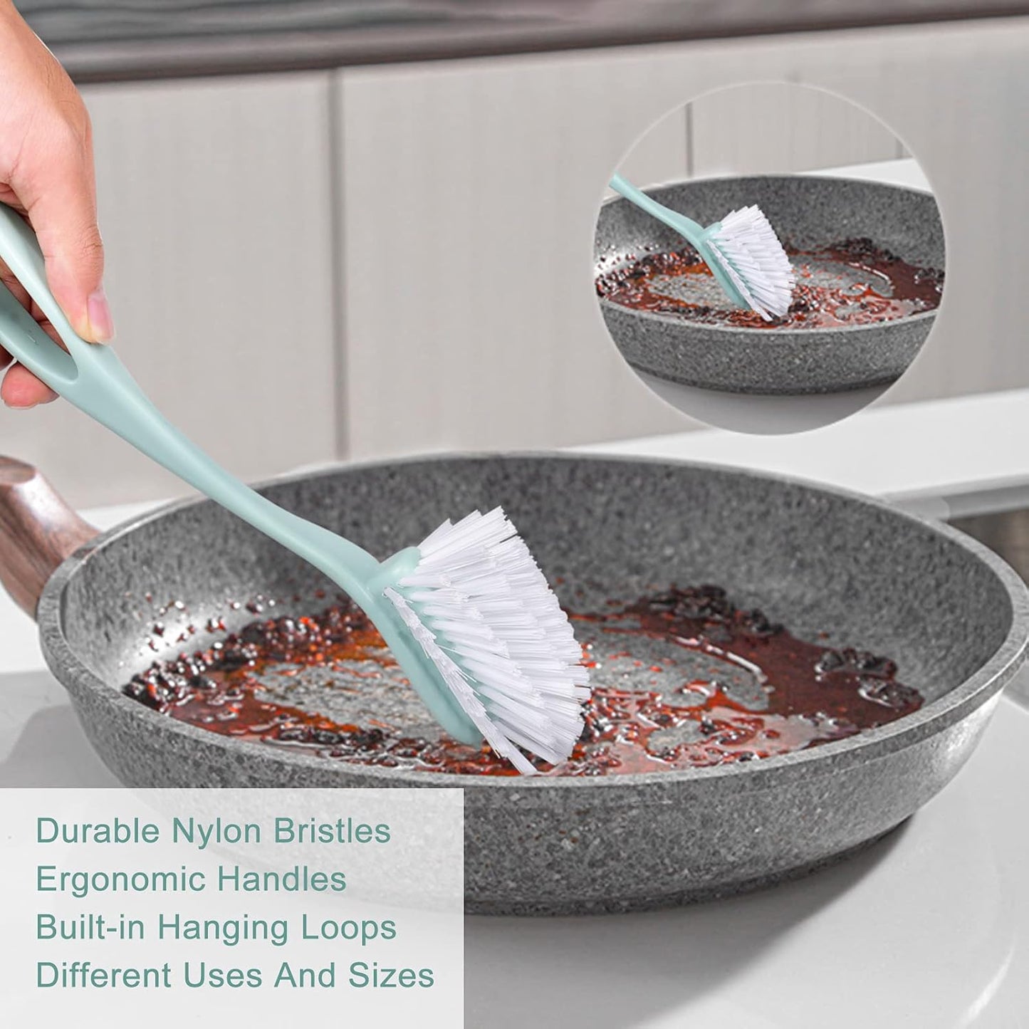 Dish Brush with Handle, Kitchen Deep Cleaning Dish Scrub Brush, 3 Pieces Ergonomic Built-in Hanging Loops Scrubber Brush Set for Pot, Dish, Pans, Bottle, Sink Cleaning, Nordic Green